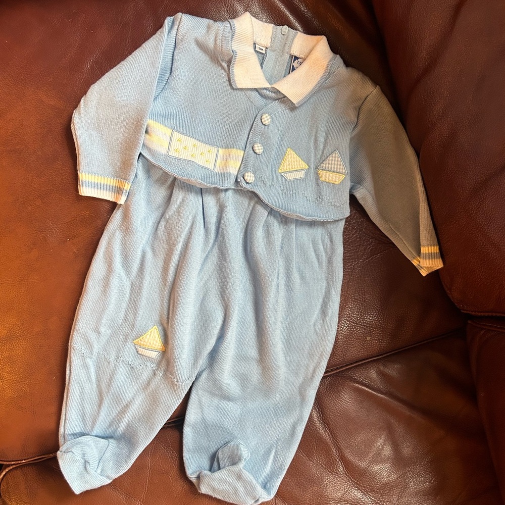 Light blue vintage Carriage House one piece footed sweater set. 9 months